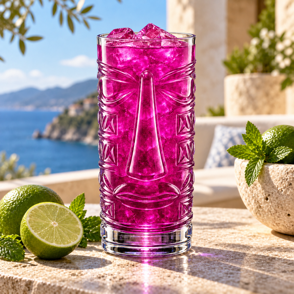 Big Nose Tiki Glass on a sunlit terrace