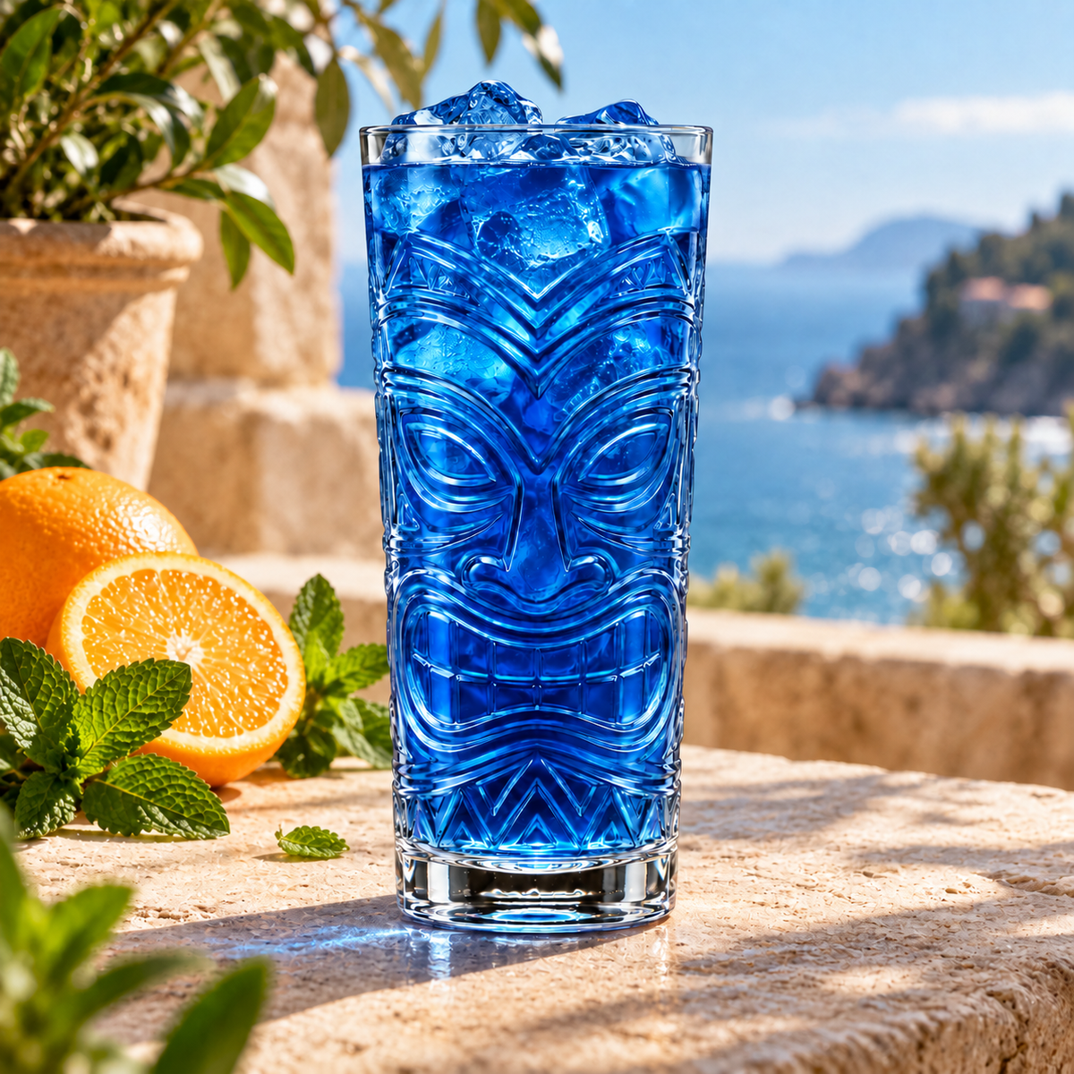 Classic Tiki Glass on a sunlit terrace