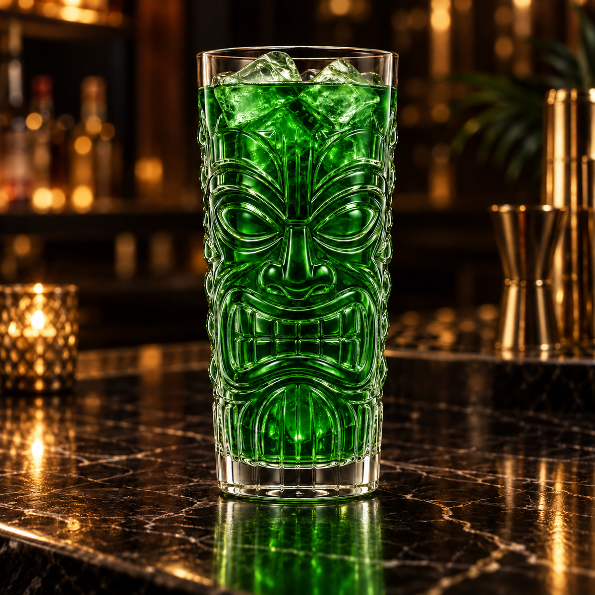 Ornate Tiki Glass in a cocktail bar setting