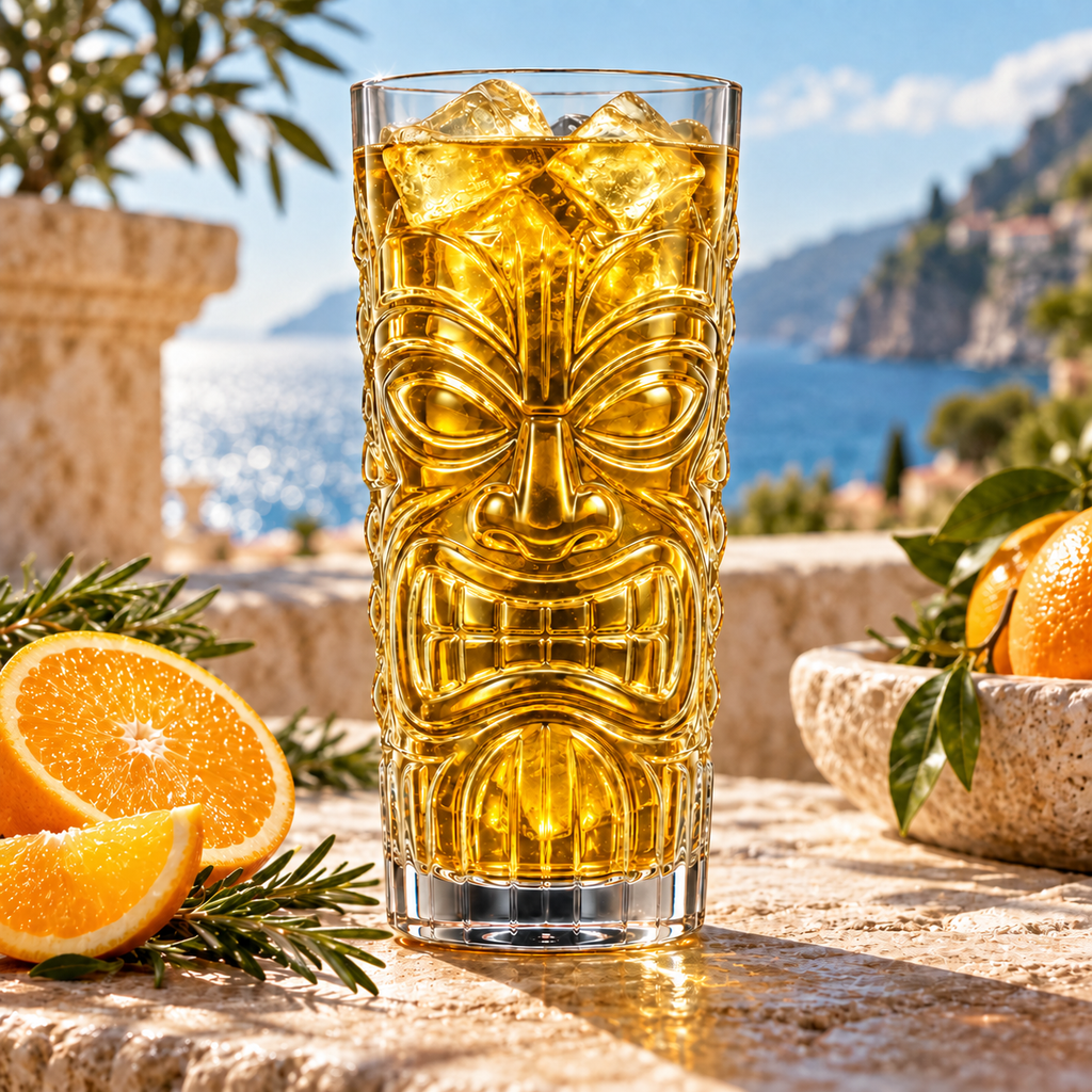 Ornate Tiki Glass on a sunlit terrace