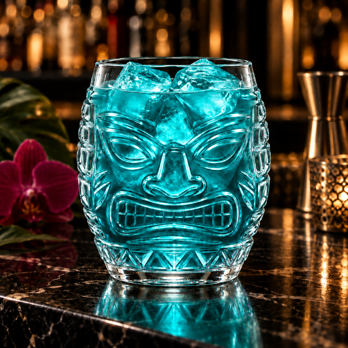 Round Tiki Glass with cyan cocktail in a dark bar setting