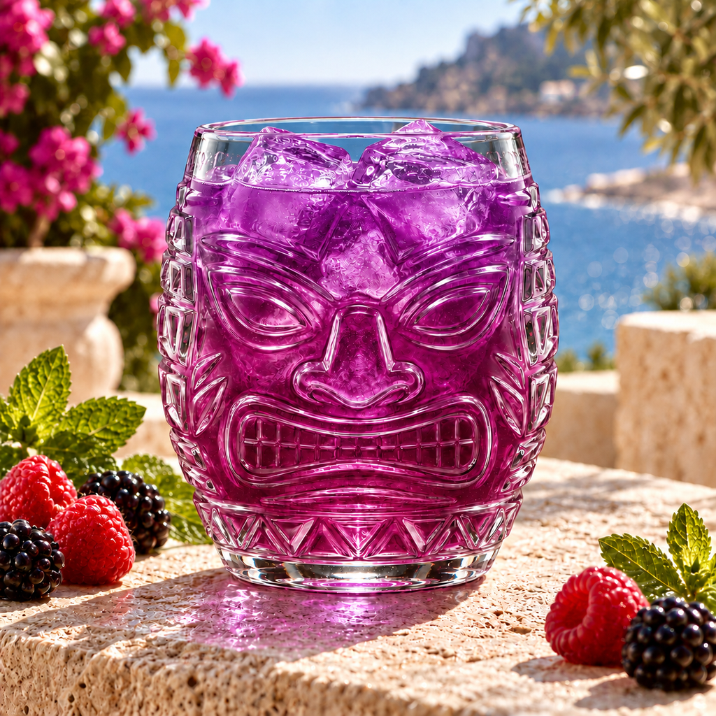 Round Tiki Glass with pink violet cocktail on a bright terrace