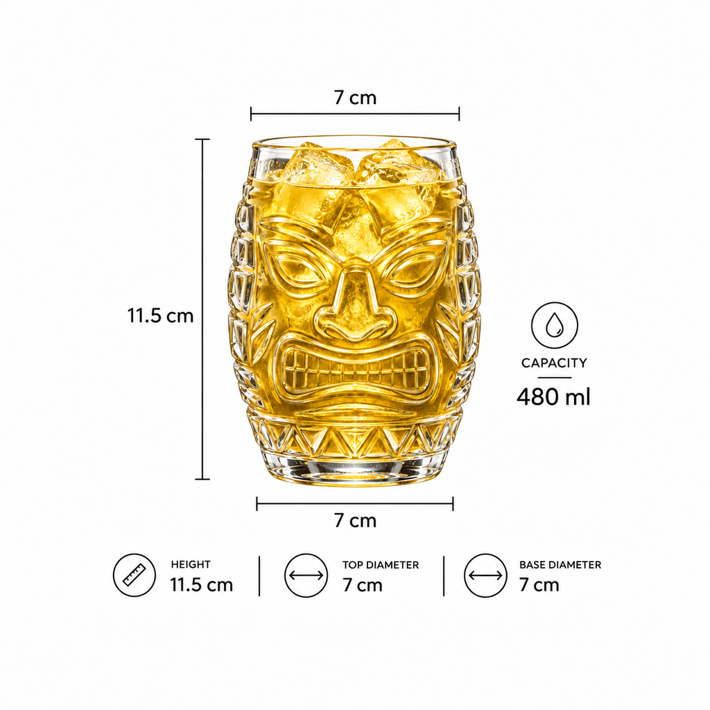 Round Tiki Glass measurements: 11.5 cm height, 7 cm top and base diameter, 480 ml capacity