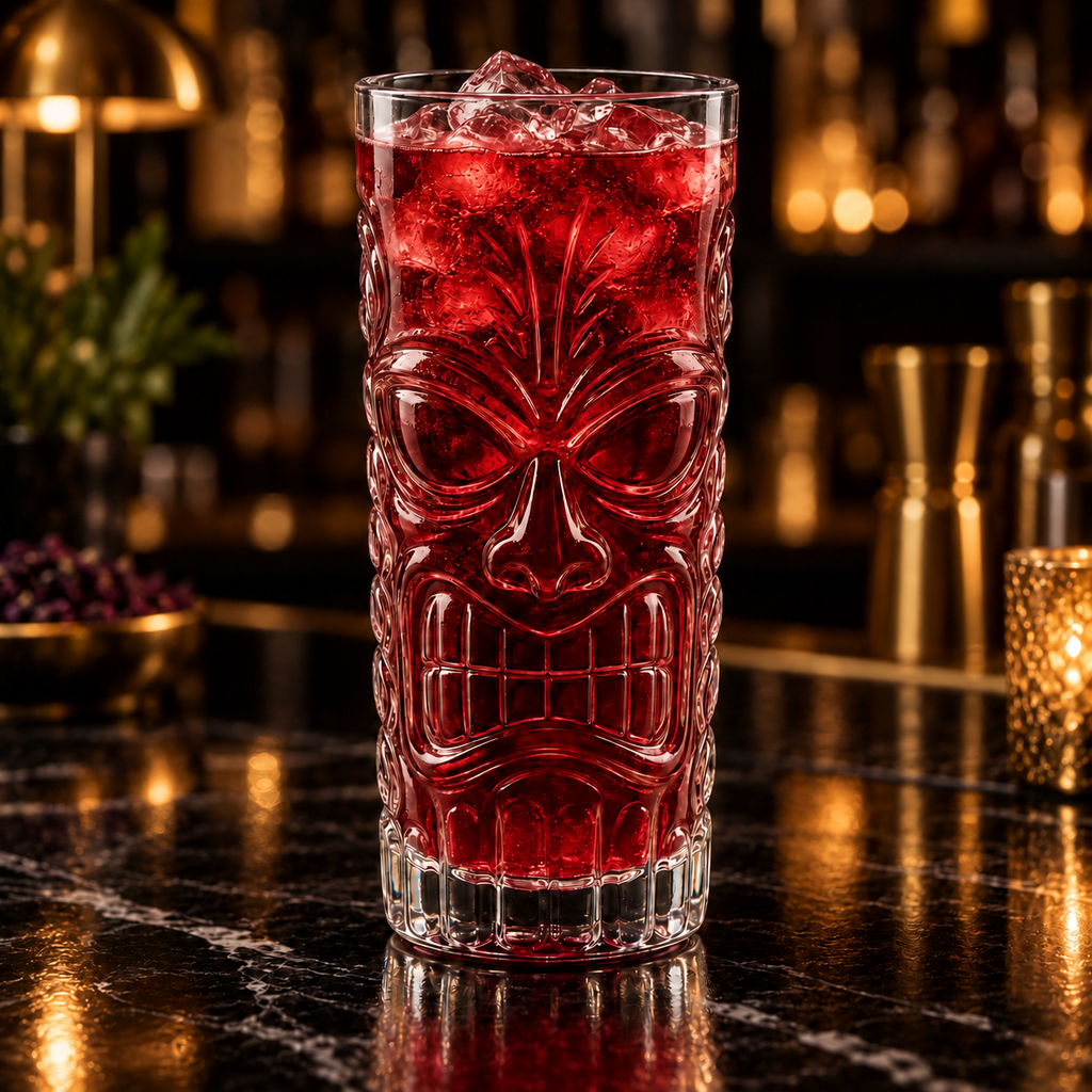 Skull Tiki Glass in a cocktail bar setting