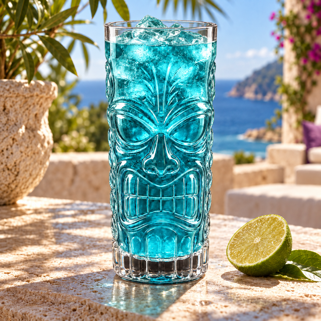 Skull Tiki Glass on a sunlit terrace