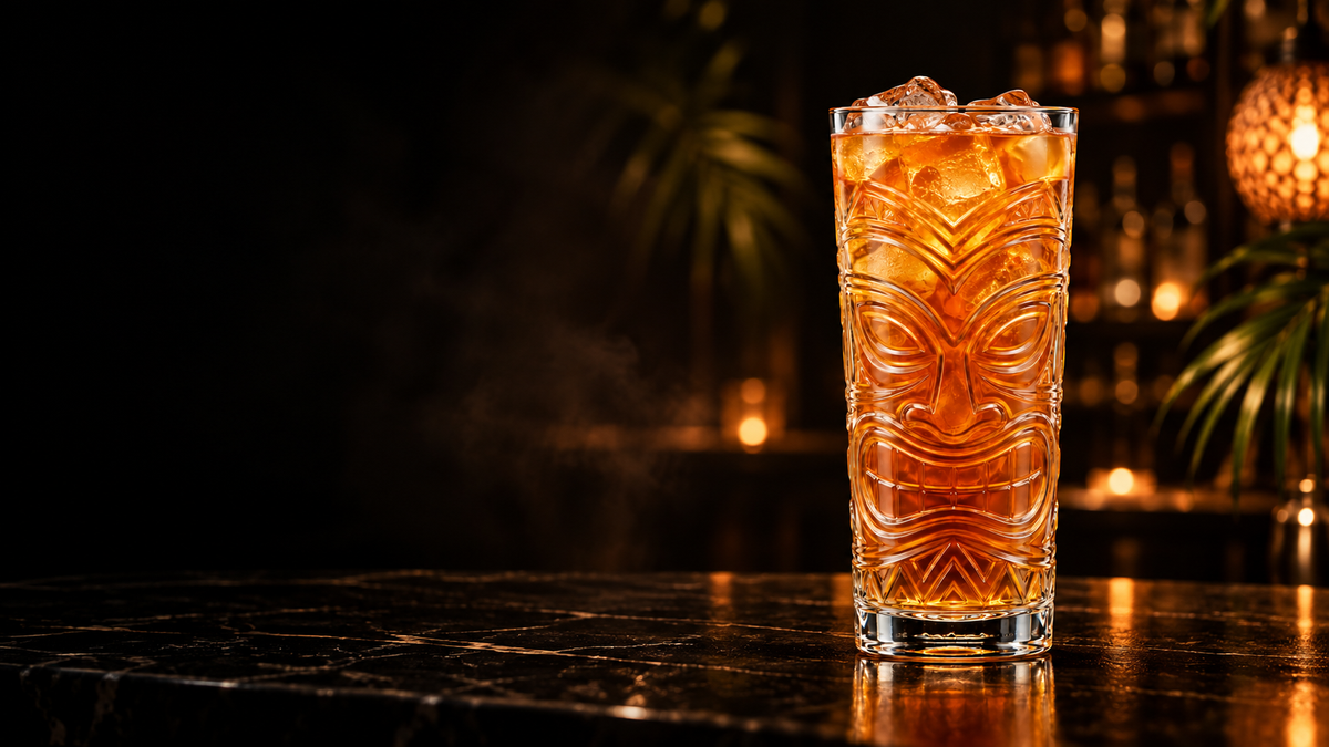 Amber sculptural Tiki glass in a luxury dark cocktail bar